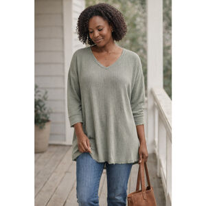 Natural Reflections Small Textured Tunic Top Frayed Hem Sage Green Casual